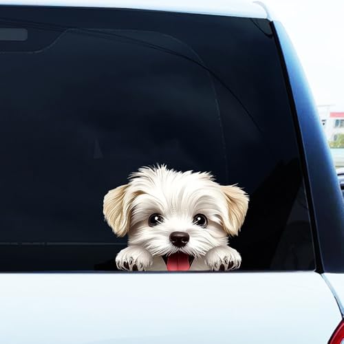 Image of Cute Animal Dog Car Sticker Waterproof PVC Double-Sided Printed Puppy Car Decal Funny Dog Peeking Decal for Car Window Bumper Truck Wall Laptop Car Decor (White Dog)