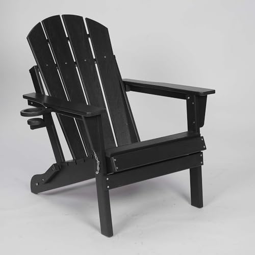 Majnesvon Folding Adirondack Chair with Built-in Cup Holder, HDPE Plastic Lawn Chairs for Outside Outdoor Backyard Fire Pit, Modern Design (Black)