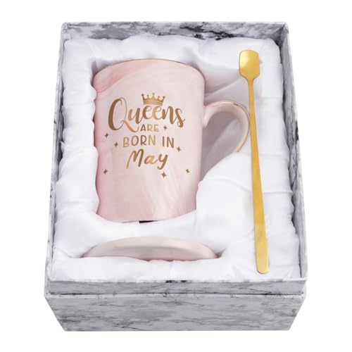 YHRJWN May Birthday Gifts for Women, Birthday Gifts for Mom Daughter Sister Friends Wife Girlfriend, Queens Are Born In May Mug, 14 Oz Pink with Gift Box