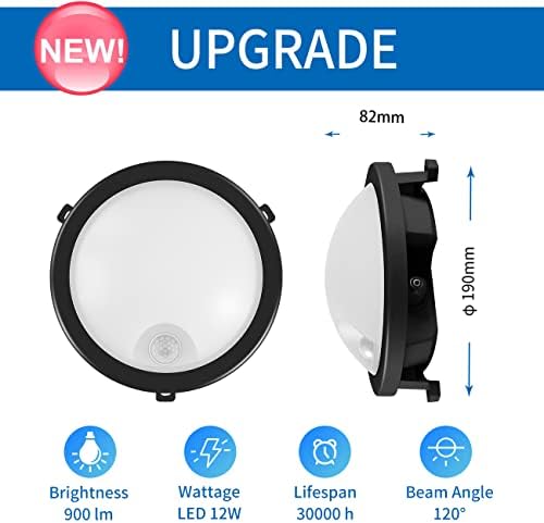 12W Outside Round IP54 PIR Sensor Bulkhead Wall Light,Black Waterproof Motion Sensor Bathroom Light,PIR Porch Light,PIR Flush Wall Ceiling Mounted Light,900LM,4000K White Sensor Kitchen Light(1 Pack)