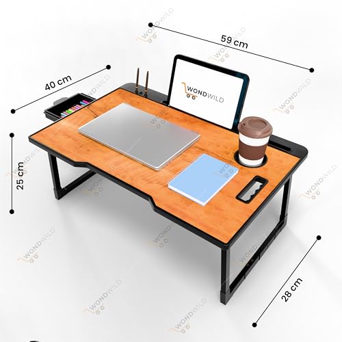 Image of WONDWILD Smart Multipurpose Foldable Laptop Table with Cup Holder, Study Table, Bed Table, Breakfast Table, Foldable and Portable /Ergonomic & Rounded Edges /Non-Slip Legs (ABS Wood)