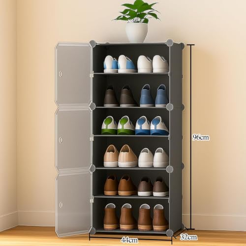 Image of Plastic Shoe Rack for Home with Door | 6-Shelf DIY Shoe Cabinet Organiser | Stores 12 Pairs | Foldable & Waterproof Shoe Stand for Entryway, Bedroom (Grey, 3-Door)