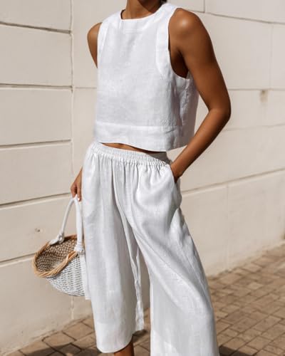 TIAFORD Women Linen Set Casual 2 Piece Outfits Matching Set Summer Solid Color Sleeveless Crop Top Wide Leg Pants Suits2