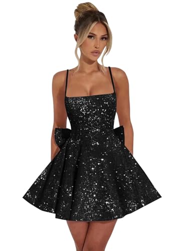 GUKARLEED Sequin Homecoming Dresses 2025 for Teens Spaghetti Straps Sparkly HOCO Dress with Bow Mini A-line Short Prom Dress