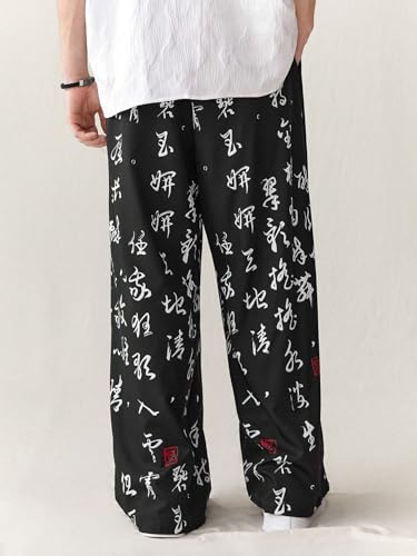 Image of GRECIILOOKS Mens Boho Hippie Harem Pants | Black Printed Wide-Leg Trousers | Koren Streetwear Loose Baggy Fit Summer Lounge Yoga Lowers |Trouser Relaxed Fit for Men
