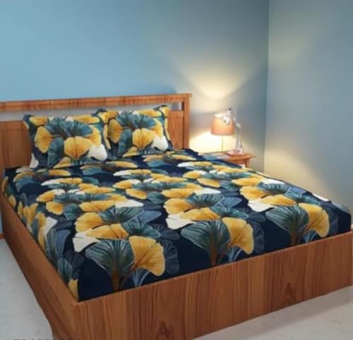 NEW TOWN Glace Cotton Fitted 1 Bedsheet King Size (72"x78") | All Around Elastic | Cotton Feel | 2 Pillow Covers (17"x27") | Fits Up to 8" Mattress | 200-220 TC | Printed Double Bed Sheet Set A205