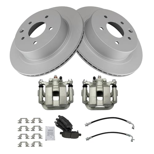 Image of TRQ Rear Brake Pad and Rotor Set Semi Metallic Coated Rotors Calipers Compatible with 2003-2005 Infiniti G35 Nissan 350Z