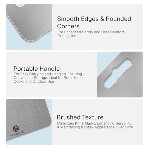 Image of HomeBasic Steel Chopping Board 36 x 25 cm | Food Grade 304 Stainless Steel, Double-Sided, Dishwasher Safe | Metal Cutting Board for Vegetables, Meat & Fish | Non-Porous, Rust Proof, Portable Handle