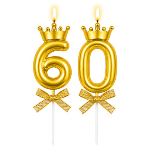 Image of Gold Number 60 Birthday Candle Set with Crown | Metallic Cake Topper Candles for 60th Birthday, Anniversary Celebration | Party Decoration Candles, 2 pcs