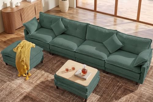 Image of 140.9 inch U-Shaped Modern Sofa Modular Sectional Cloud Couch with 2 Storage Ottoman Coffee Table, 4-Seat Corduroy Deep Seat Sofa with Throw Pillows for Living Room, Bedroom, Office, Green