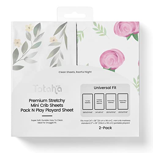 Image of TotAha Premium Stretchy Pack N Play Playard Sheets | Mini Crib Sheets (2-Pack) -Hypoallergenic, Silky Comfort, Buttery Soft, Calming Effect, All-Season Jersey-Knit (Pink Buds & Green Leaves)