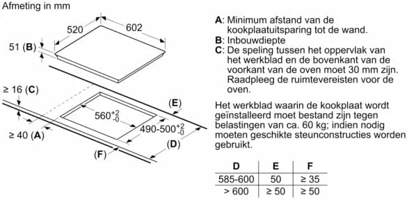 Diagram showing the dimensions of the cooktop and the required cut-out dimensions for installation, including minimum distances.