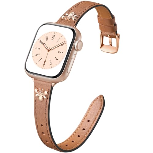 Adorve Slim Leather Bands Compatible with Apple Watch Bands 40mm 41mm 38mm for Women, Top Grain Genuine Leather Strap with Decorative Charms, Thin Wristband for iWatch Series SE 9 8 7 6 5 4 3 2 1
