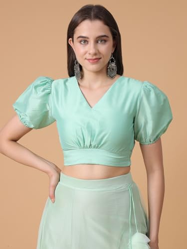 Image of Frolic Rolic Premium Silk V-Neck Blouse Readymade Saree Blouse - Designer Puff Sleeve Blouse for Wedding