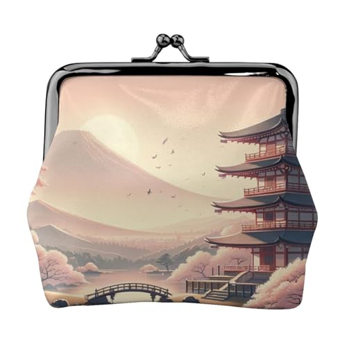 Pu Leather Buckle Coin Purse Japanese-Landscape-Fuji-Sakura Girls Kiss-Lock Change Purse Wallets