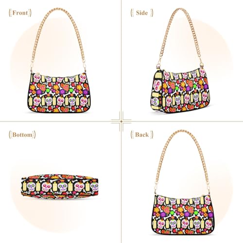Sugar Skulls Shoulder Bag for Women, Handbag with Chain Strap, Soft Purse Tote Bag for Ladies3
