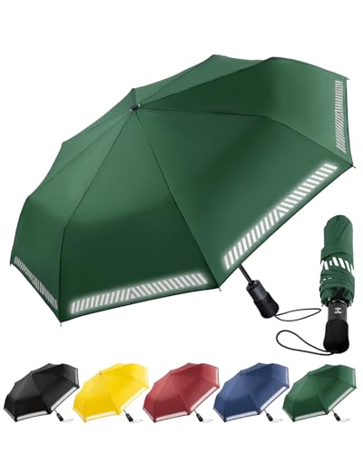 Chakipee Paraguas Plegable Reflectante - Antiviento Automatico Resistente Al Viento Compacto - para Mujer y Hombre Paraguas de Viaje 8 Varillas Verde Compacto y Fuerte