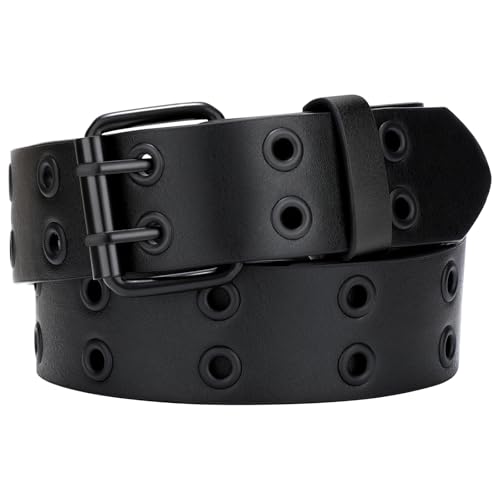 SANSTHS Women Double Grommet Studded Belts, Black Leather Belt for Women Men Punk belt,all black,L
