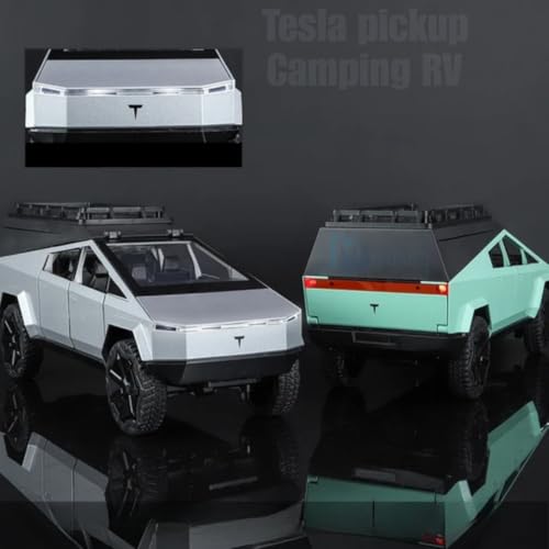 1:24 Tesla Cyber Truck Pickup Camping RV Car with Box, Zinc Alloy Pull Back Toy car with Sound and Light for Kids Boy Girl Gift [Colors as Per Stock]