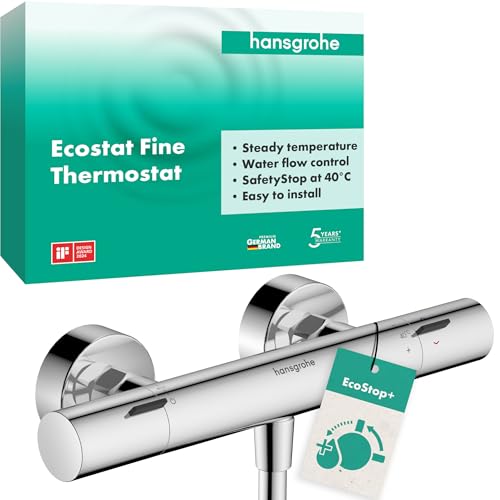 hansgrohe Ecostat Fine - Mitigeur de douche thermostatique avec EcoStop+, Robinet de douche apparent avec arrêt de sécurité (SafetyStop) à 40°C, Thermostat 1 sortie, Chromé, 13324000
