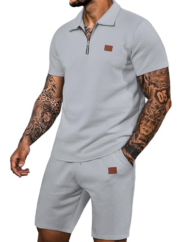 Ryehack Conjunto deportivo de 2 piezas para hombre, jacquard, con cremallera, polo, sudadera y pantalones deportivos, Gris, Medium