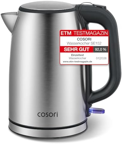 Cosori Wasserkocher Edelstahl, Ohne Kunststoffkontakt, 1,7 L, 2200W, LED | BPA-freier Wasserweg, Strix-Technologie, Große Öffnung, schnelles Kochen, Abschaltautomatik, Silber-Schwa