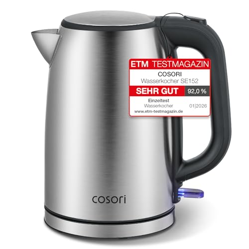 COSORI Wasserkocher Edelstahl, BPA frei, 1,7 L, Strix-Technologie, kocht in 3 Minuten, 2200W, Große Öffnung, Trockengehschutz, 360° drehbarer Socke