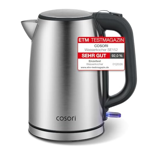 COSORI Wasserkocher Edelstahl, BPA frei, 1,7 L, Strix-Technologie, kocht in 3 Minuten, 2200W, Große Öffnung, Trockengehschutz, 360° drehbarer Sockel, Silber-schwarz