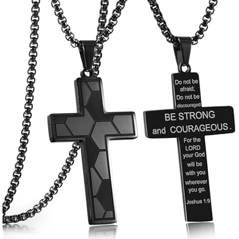 RWQIAN Black Soccer Cross Necklace for Men Bible Verse,Religious Faith Christian Scriptures Joshua 1 9 Pendant Cross Chain, Baptism 1st First Communion Gifts for Men Graduation Father's day Jewelry Cover