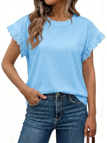 Image of Tankaneo Womens Summer Crewneck T-Shirts Lace Cap Sleeve Tops Dressy Casual Loose Fit Work Basic Tees Outfits 2026