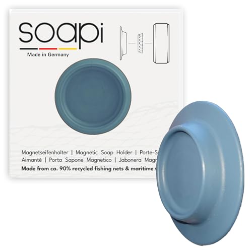 Soapi® Bleu Pétrole - Porte-Savon Aimanté Ecologique | Fixation Puissante sans Perçage ni Ventouse | Fabriqué en Allemagne | Fait à partir de Déchets Maritimes et de Filets de Pêche Recyclés