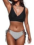 CUPSHE Damen Bikini Set Wickeloptik Lace Up Tank Bikini Bademode V Ausschnitt Low Waist Streifenmuster Zweiteiliger Badeanzug Swimsuit Schwarz/Streifen M