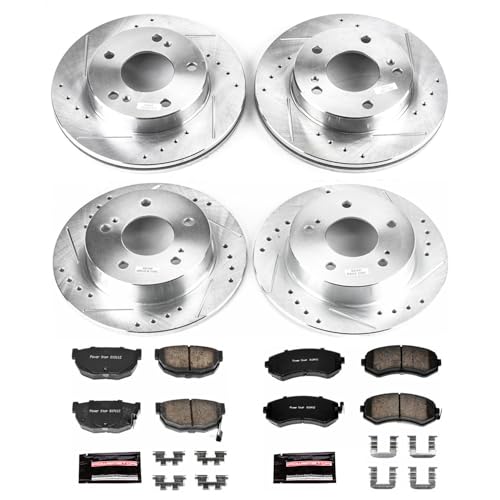 Image of PowerStop Front and Rear Brake Kit for Nissan 240SX 1994-96 - Drilled and Slotted Disc Rotors with Carbon-Fiber Ceramic Brake Pads Replacement, K755