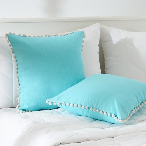 Image of 100% Cotton Pom Pom Cushion Without Filler, Elegant & Modern Cushion Cover for Living Room, Square Shape, 16 inchx16 inch, uni slub, Set of 2 - Baby Blue