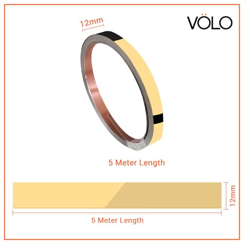 Image of VOLO Stainless Steel 500 CM /5 Meter Mirror Finish Weather Strip - Waterproof Self-Adhesive Tape for Tile Gap, Wall, Cabinet, Kitchen & Floor - Peel & Stick Adhesive Strip (GOLD, 12MM (0.5 INCH))