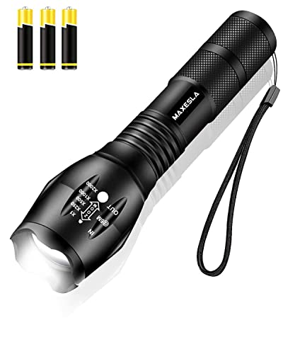 Maxesla LED Torch 2000 Lumens Gifts for Men Dad Kids, Zoomable Super Bright Flashlight, Powerful Battery Powered Water Resistant 5 Modes Camping, 3 x AAA Batteries Included