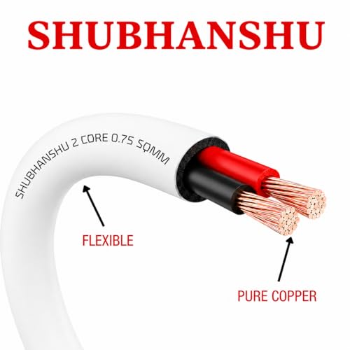 Image of 2 Core X 0.75 SQMM Copper Round Wire | PVC Insulated Flexible Electric Cable | ISI Certified | Pure Copper Cable | 90 Meters | White | Round