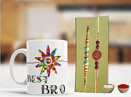 Image of Rakhi Gift for Brother and Rakshabandhan Gift | Rakhi for Brother with Printed Ceramic Mug| | Pack of 4 (Printed Mug, Roli Chawal, 02Rakhi) | Best Rakhi Gift for Brother. (03)