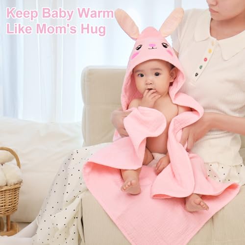 Image of FIOBEE Hooded Baby Towels 100% Muslin Baby Bath Towels for Newborn with Animal Design Ultra-Soft and Absorbent Bath Essentials for Toddler, Unisex Girls Boys 30 x 30 inch, Pink Bunny