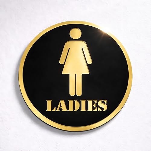 Image of Ladies Round Acrylic Signage Sticker - Self-Adhesive Women Restroom Sign for Office, Storefront, Business & Shop - Premium Black Gold Label for Glass & Smooth Surfaces