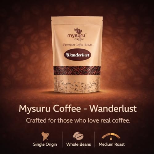 Image of Mysuru Coffee Premium Whole Roasted Beans [250g - WANDERLUST] Pure Robusta - 100% Cafe Blend Medium Roast Fresh Single Origin Coffee