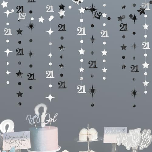 Decoración de cumpleaños 21 negro y plata, guirnalda de lunares y fondo metálico de photocall 6