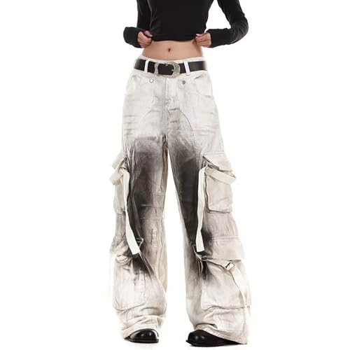 Women Y2K Baggy Cargo Jeans Low Rise Retro Distressed Inkjet Multi-Pocket White Pants Street Style Harajuku Clothing