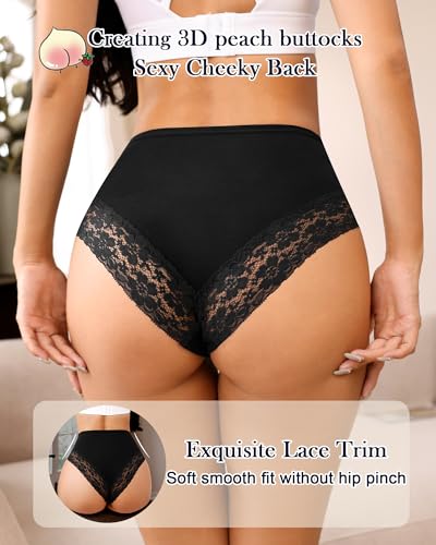 OLIKEME Womens High Waisted Underwear Cotton Bikini Panties Sexy Lace Hispter No Show Soft Stretch Cheeky Panties 3 Pack4