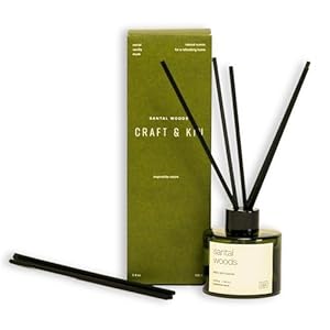 Craft Kin Santal Woods Reed Diffuser All Natural Essential Oil Rattan Scent Sticks Reed Diffusers for Home Bathroom Long Lasting Home Fragrance in Green Glass 34oz