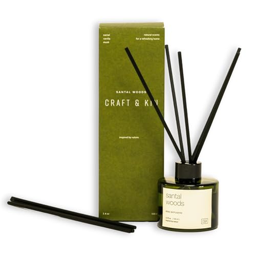 Craft-Kin-Santal-Woods-Reed-Diffuser-All-Natural-Essential-Oil-Rattan-Scent-Sticks-Reed-Diffusers-for-Home-Bathroom-Long-Lasting-Home-Fragrance-in-Green-Glass-34oz Craft Kin Santal Woods Reed Diffuser All Natural Essential Oil Rattan Scent Sticks Reed Diffusers for Home Bathroom Long Lasting Home Fragrance in Green Glass 34oz