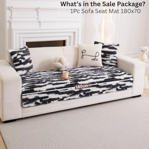 Image of HOMETHREADS 600GSM Thick & Soft Rabbit Fur Plush Sofa Cover-Luxurious Cozy Slipcover, Washable & Pet-Friendly, Anti-Scratch Protector for Sofas (Faux Linning White Black, 3 Seater | 180x70cm)