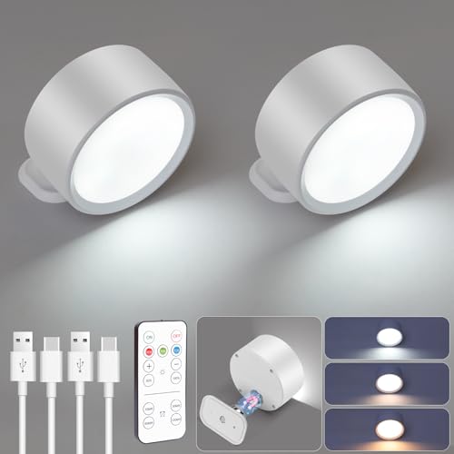 HOTUT 2 Piezas Lámpara de Pared Inalámbrica Recargable, Lámpara de Pared LED con Mando a Distancia y Temporizador, Luz de Pared de Interior, 3 Colores y Brillo Regulable 360 ° Giratorio - Blanco