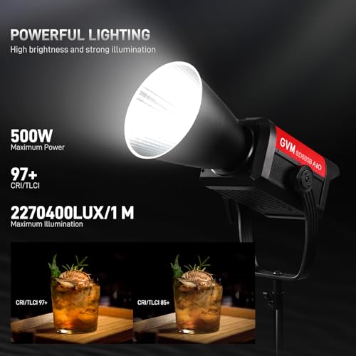 Image of GVM 500W COB LED Video Light, APP Control, Bi-Color Continuous Output Lighting with Bowens Mount, 2700K-6800K, CRI /TLCI97+, 227040lux@1m, 12 Effects & 12 Sources for Studio Photography