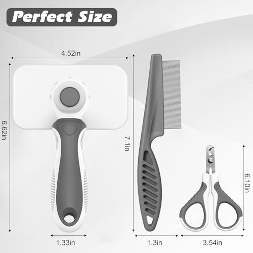 Image of 3PCS Cat Grooming Supplies, Cat Brush & Nail Clipper /Trimmer & Flea Comb for Shedding Indoor Cats Essentials Stuff Accessories (Grey)